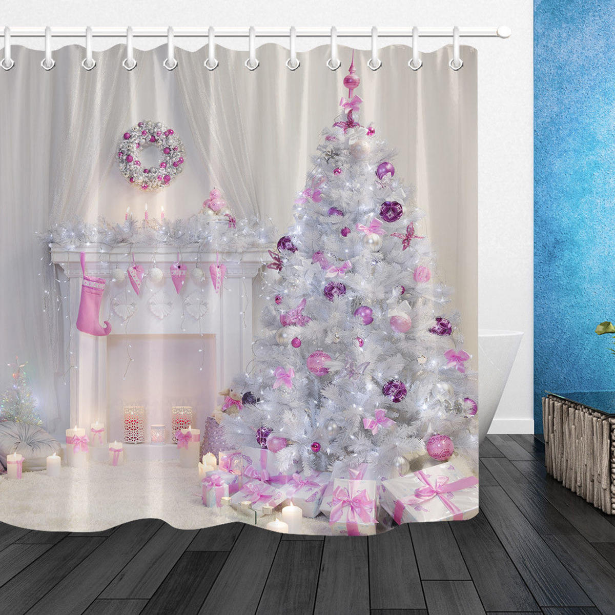 Christmas Tree Interior Xmas Fireplace Pink Decorated Indoors Shower Curtain Bathroom Sets