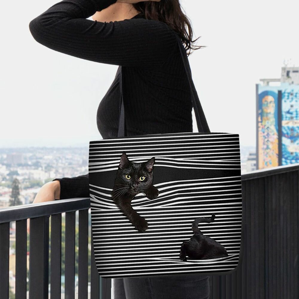 شعرت النساء لطيف ثلاثي الأبعاد ثلاثي الأبعاد أسود القط مخطط نمط حقيبة كتف حقيبة يد حمل