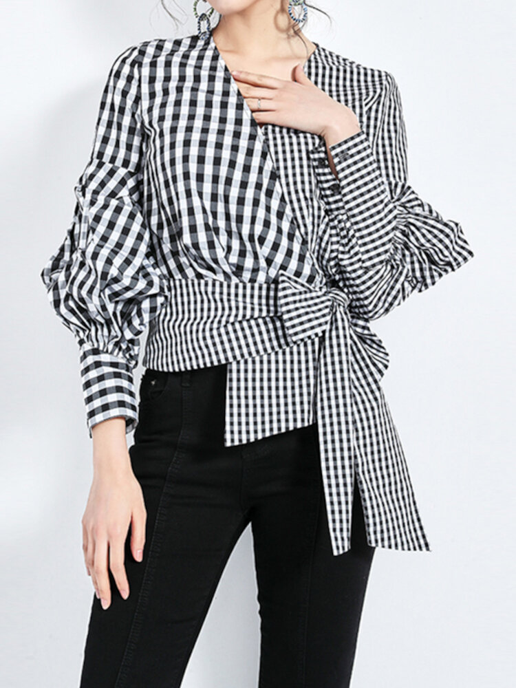 Women Plaid Stitching Wrap Lace Up Long Sleeve High Low Casual Blouses