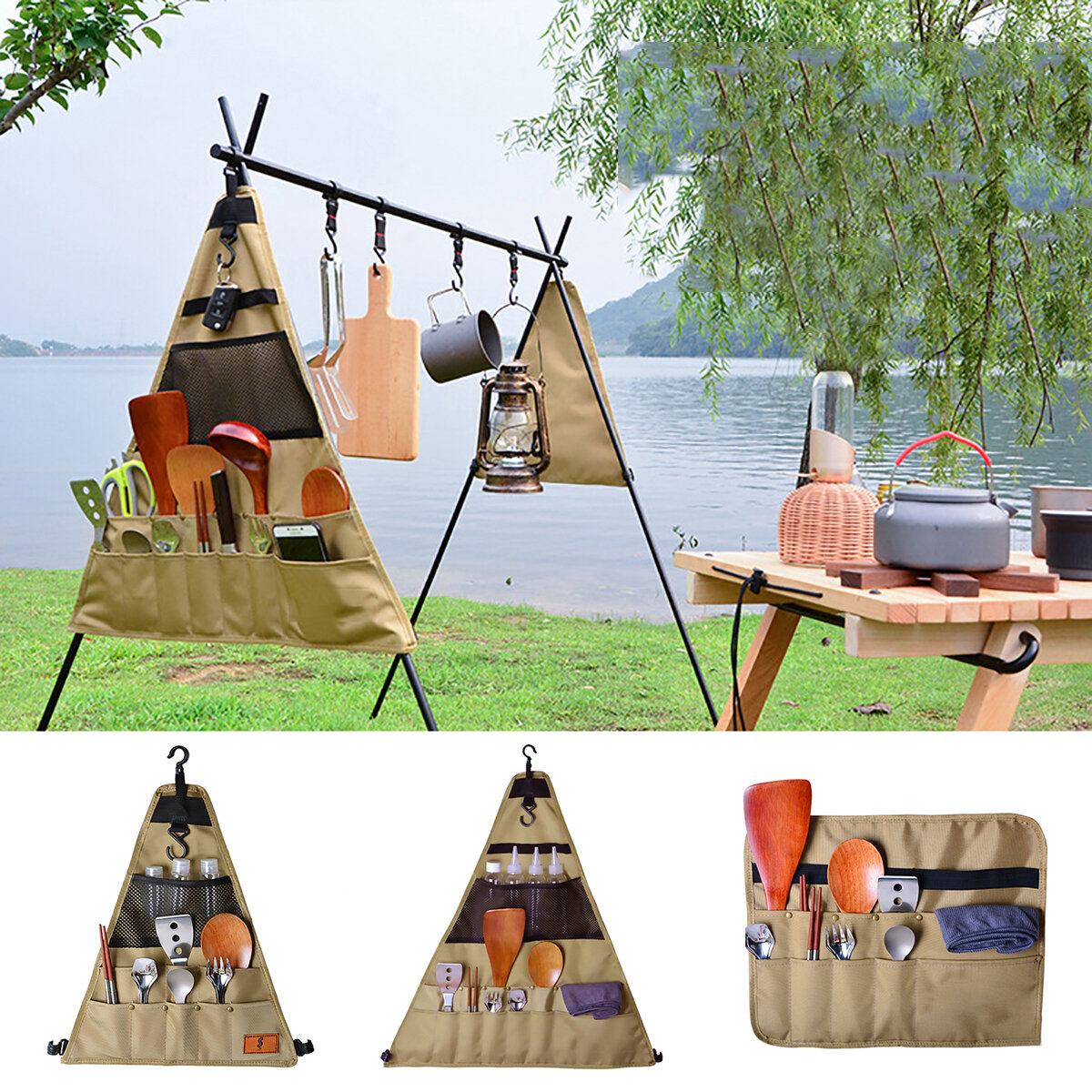 Bolsa de almacenamiento de utensilios de mesa de tela Oxford 900D para camping, picnic, barbacoa, triángulo/rectángulo para colgar al aire libre.