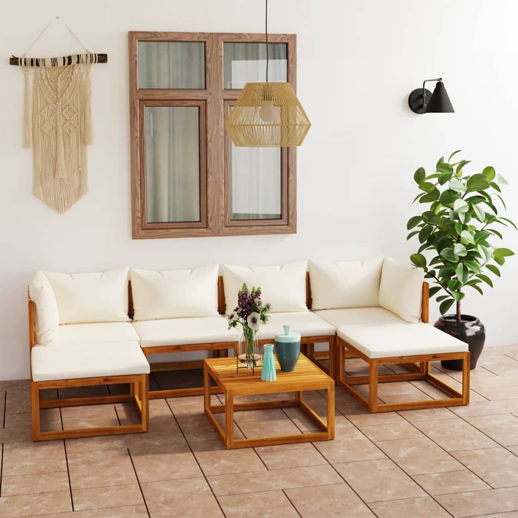 7 Piece Patio Lounge Set with Cushion Cream Solid Acacia Wood