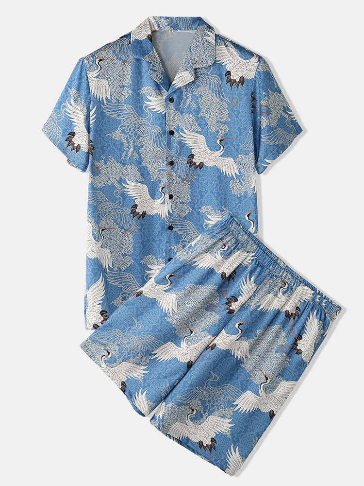 

Mens Chinese Style Crane Print Lapel Collar Short Sleeve Home Faux Silk Pajama Set