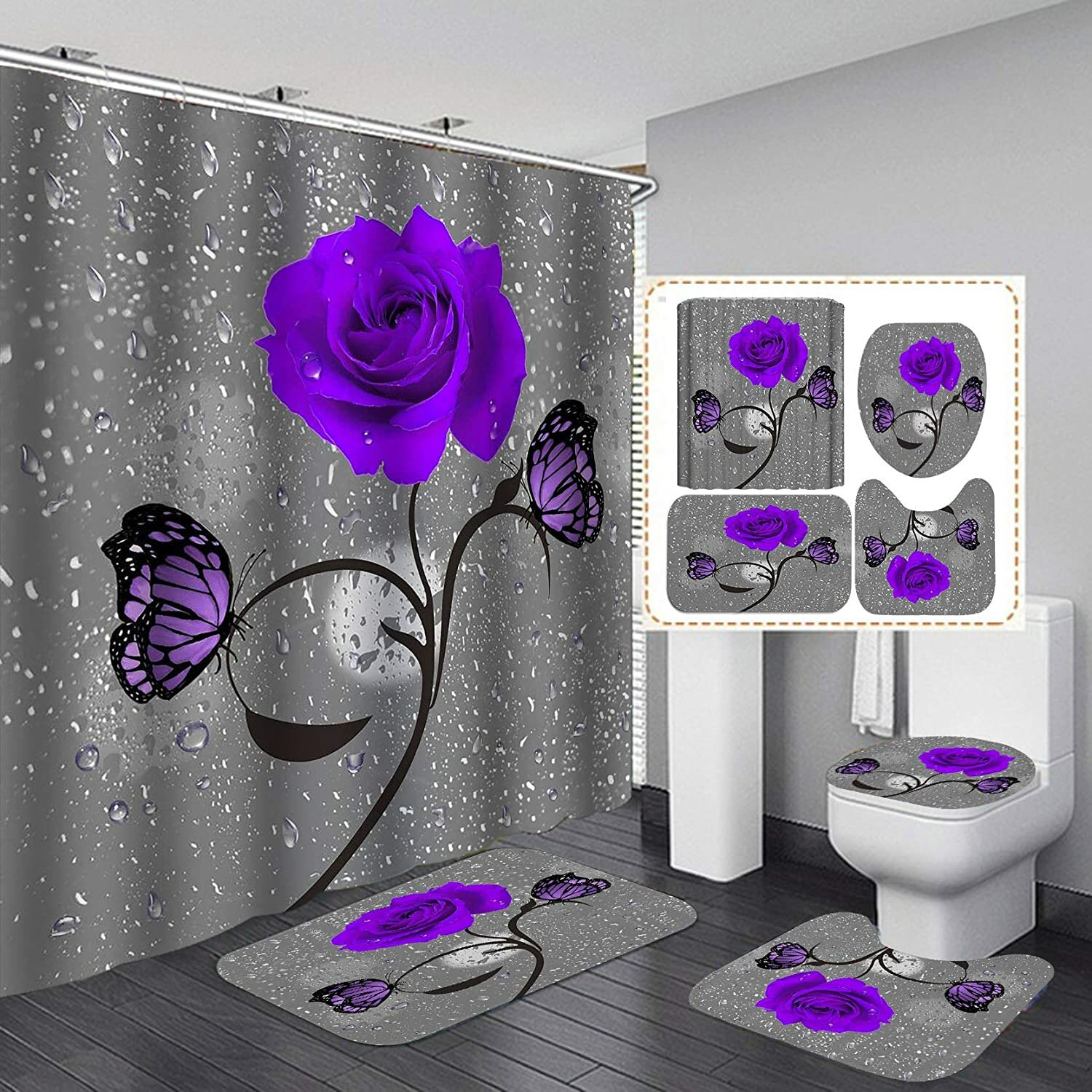 4 stuks Purple Rose Douchegordijn Badkamer Set antislip Toilet Seat Cover Mat Tapijt: