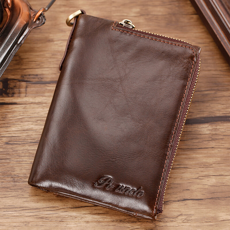 Men Genuine Leather RFID Anti-theft Zipper Ultra-thin Multi-slot Foldable Card Holder Wallet