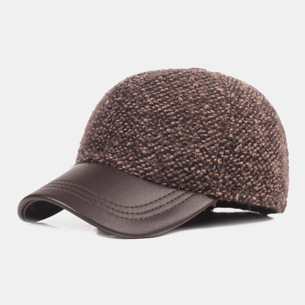 Men Cotton Dome Mixed Color Knitted Patchwork PU Brim Built-in Ear Protection Warmth Baseball Cap