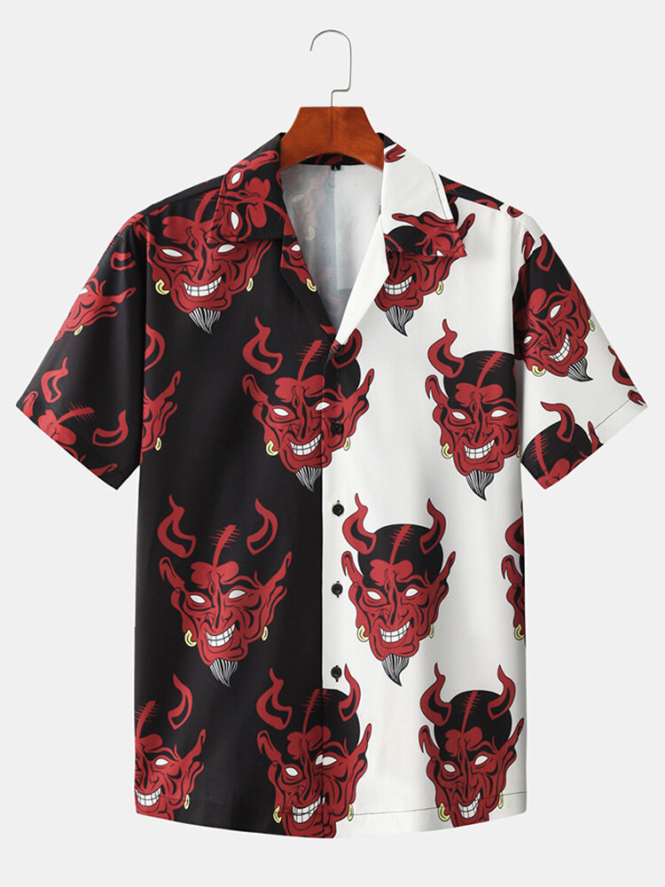 Heren patchwork duivel print reverskraag korte mouw designer shirts