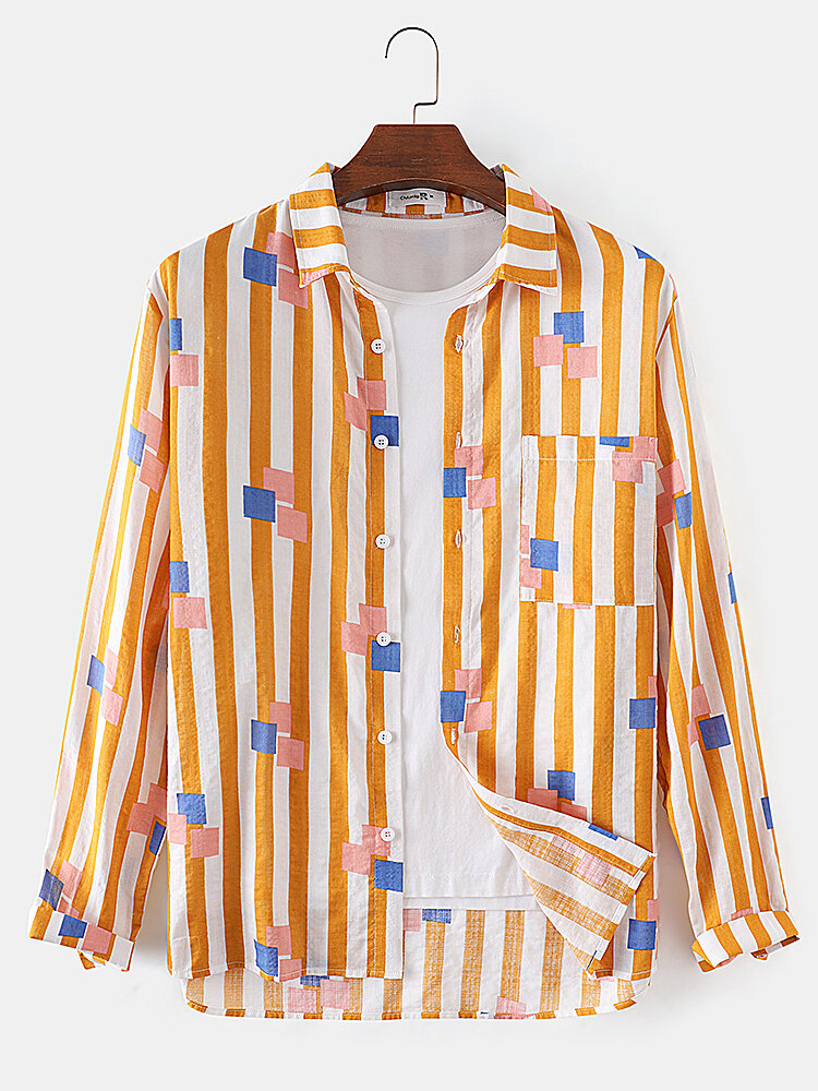 

Banggood Designed Mens Stripe & Geometric Graphics Print Long Sleeve Cotton Shirts With Pocket