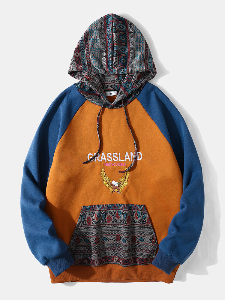 

Men Embroidery Pattern Letter Raglan Sleeve Contrast Ethnic Hooded Sweatshirt