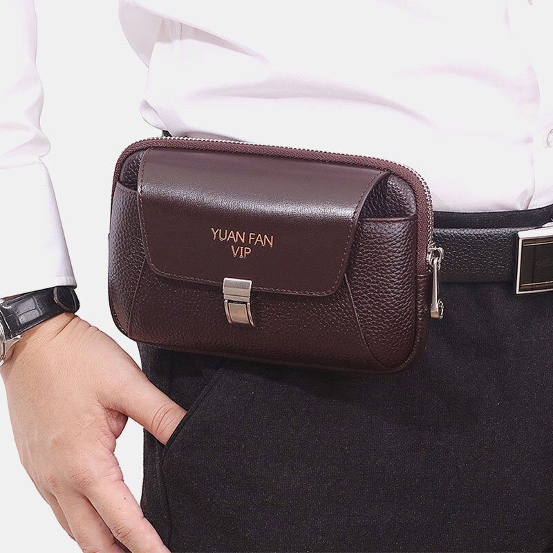 Men Vintage Horizontal Multi-pocket Genuine Leather Mini Wallet Purse 6.5 Inch Phone Bag Waist Bag