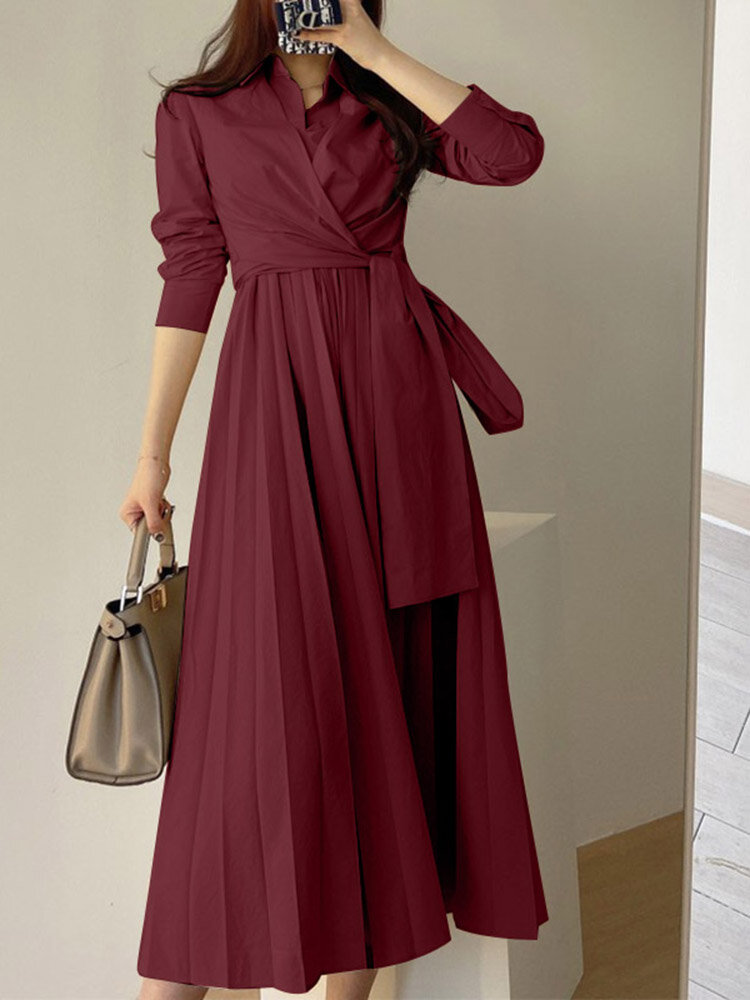 Solid Pleated Tie Long Sleeve Lapel A-line Shirt Dress