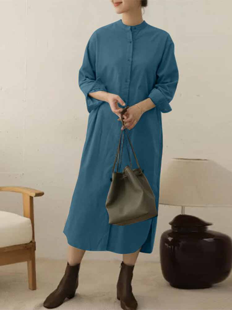 Plus Size Women Corduroy Stand Collar Side Split Vintage Shirt Maxi Dresses