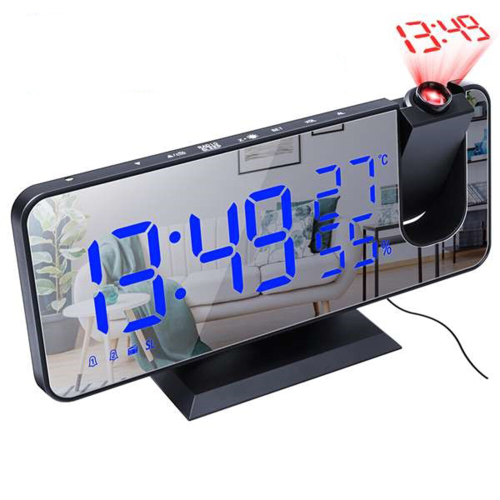 LED Digital Alarm Clock Electronic USB Wake Up FM Radio HD Red Projection Time Temperature and Humidity Display Table Cl