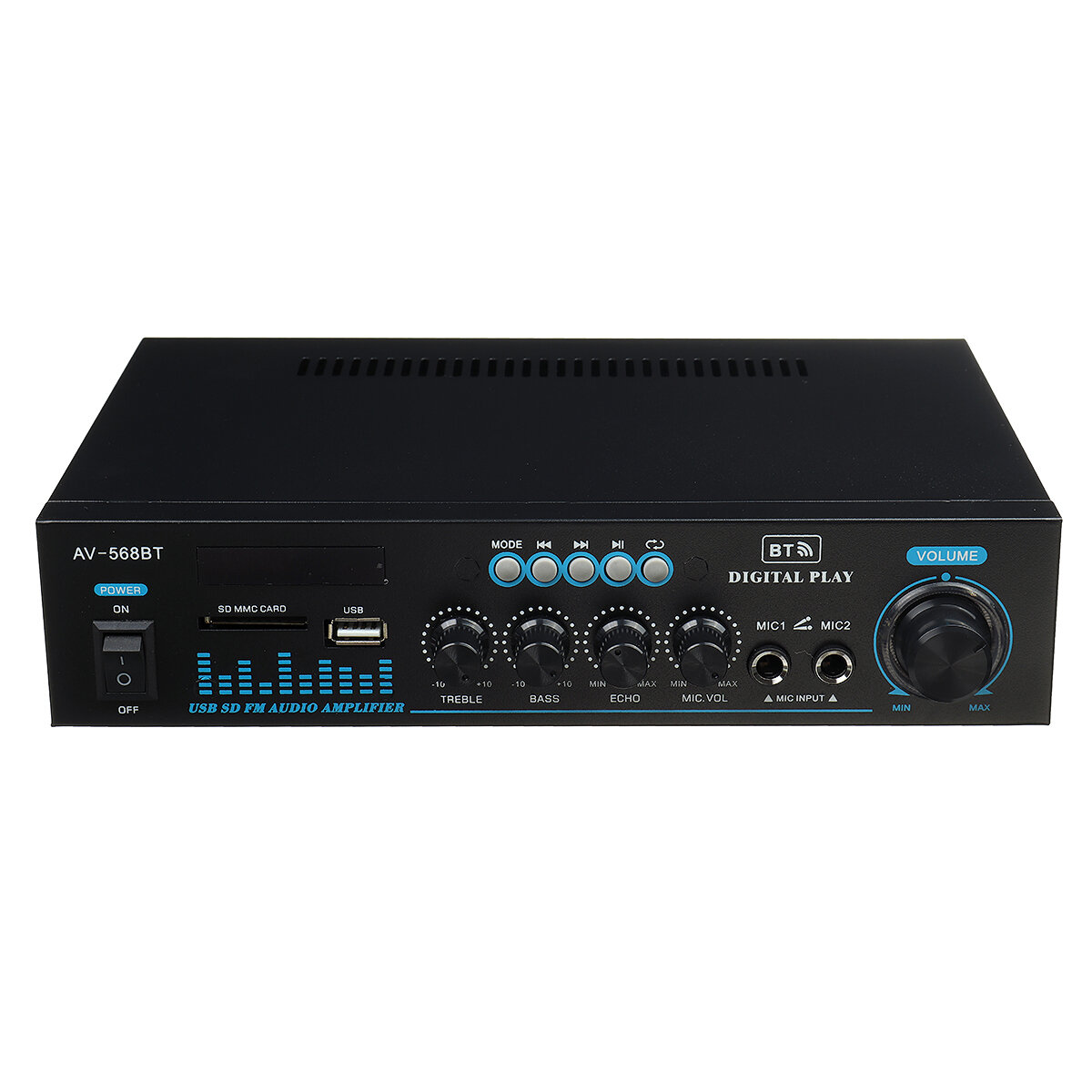 

AV-568BT bluetooth Audio Stereo Digital Amplifier USB FM SD Mic Home Theater Car AMP AC 220V DC 12V support TF Card U Di