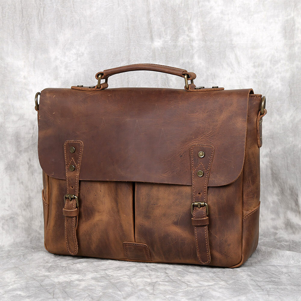 Men Vintage Multifunction Large Capacity Business Crossbody Bag Multi-pocket PU Leather Handbag Shou