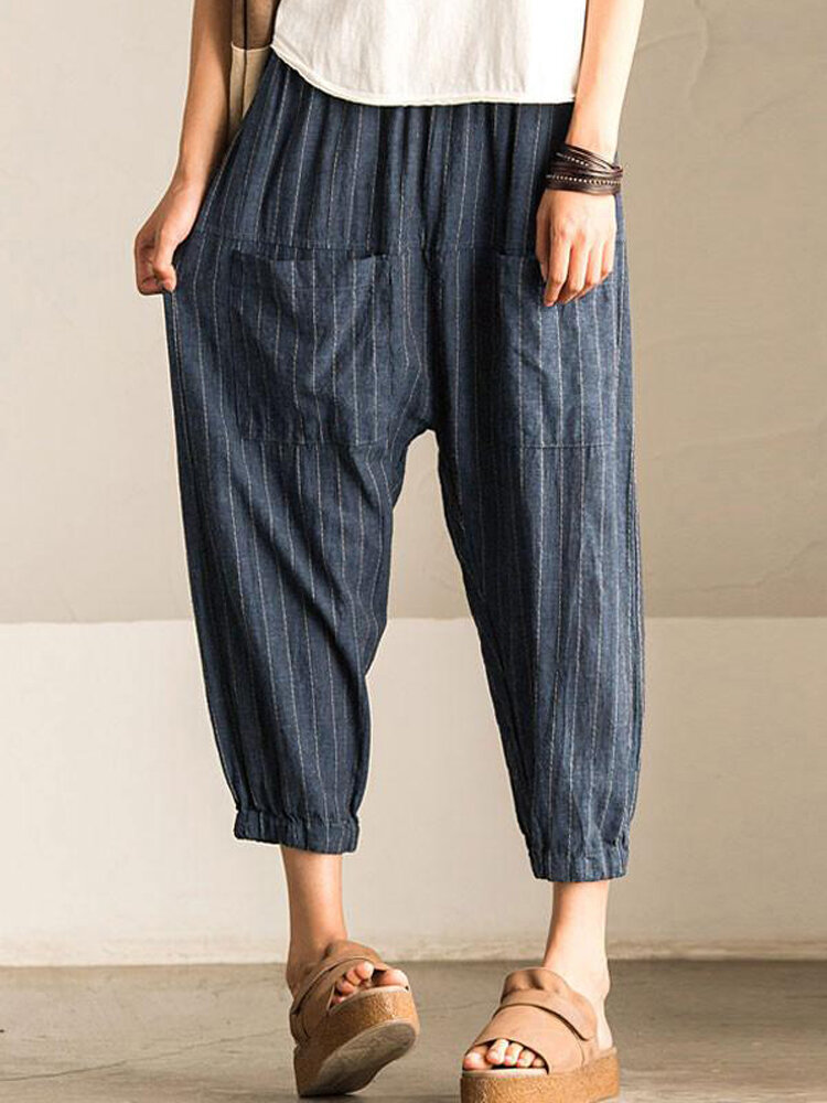 ,  UONQD Women Pants Retro Striped High Waist Loose Elastic Trousers Harem 