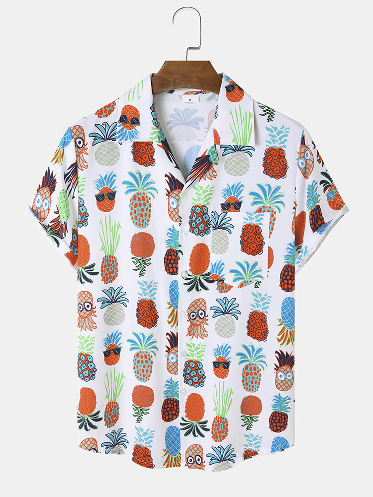 Men Cartoon Pineapple Graphic Funny Various Print Fruit Revere Collar Lifestyle Shirts