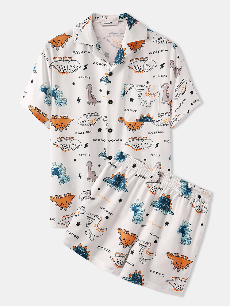 

Mens Cute Cartoon Dinosaur Print Revere Collar Loose Casual Two Piece Pajama Set