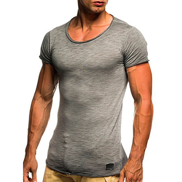 Summer mens breathable solid color short sleeve tops slim fit sports ...