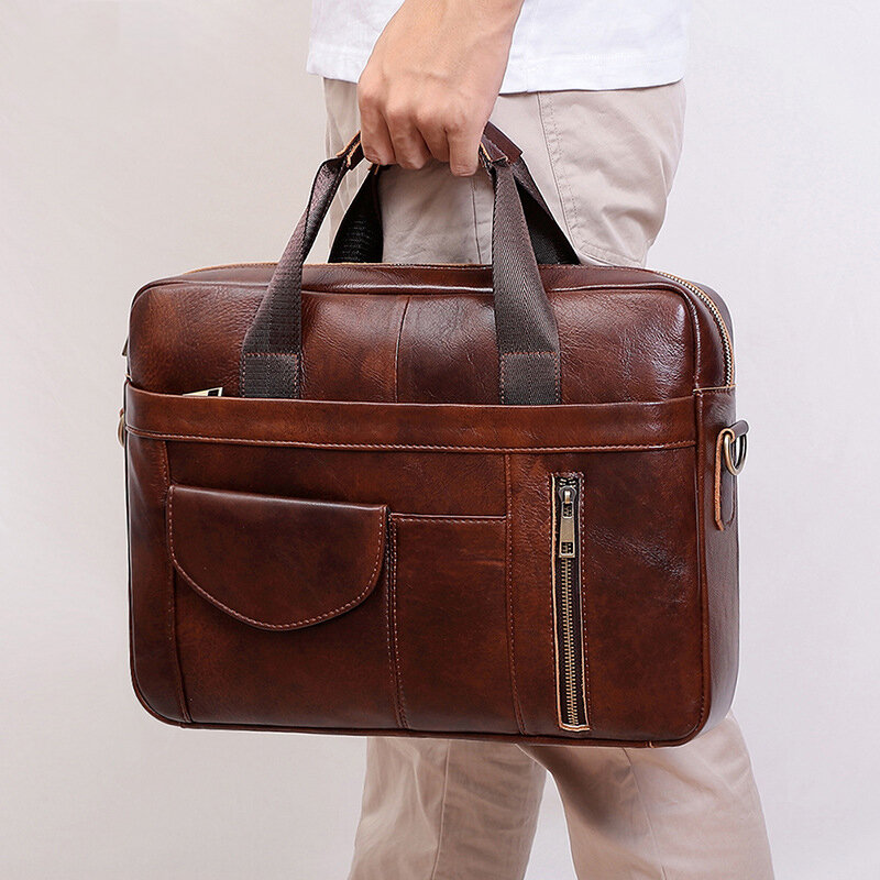 

Men Multifunction Genuine Leather 15.6 Inch Laptop Bag Briefcases Retro Multi-Pocket Crossbody Bag Shoulder Bag