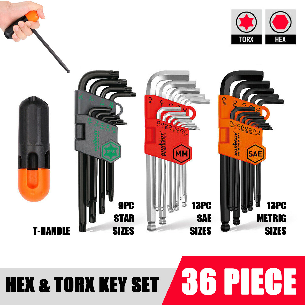 

36Pcs Hex Key / Temper Proof Torx Key Set Ball-End Allen Гаечный ключ Метрическая и британская система мер