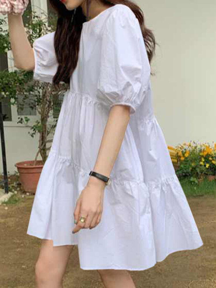 Summer Puff Sleeve Pleating Solid Loose Dress