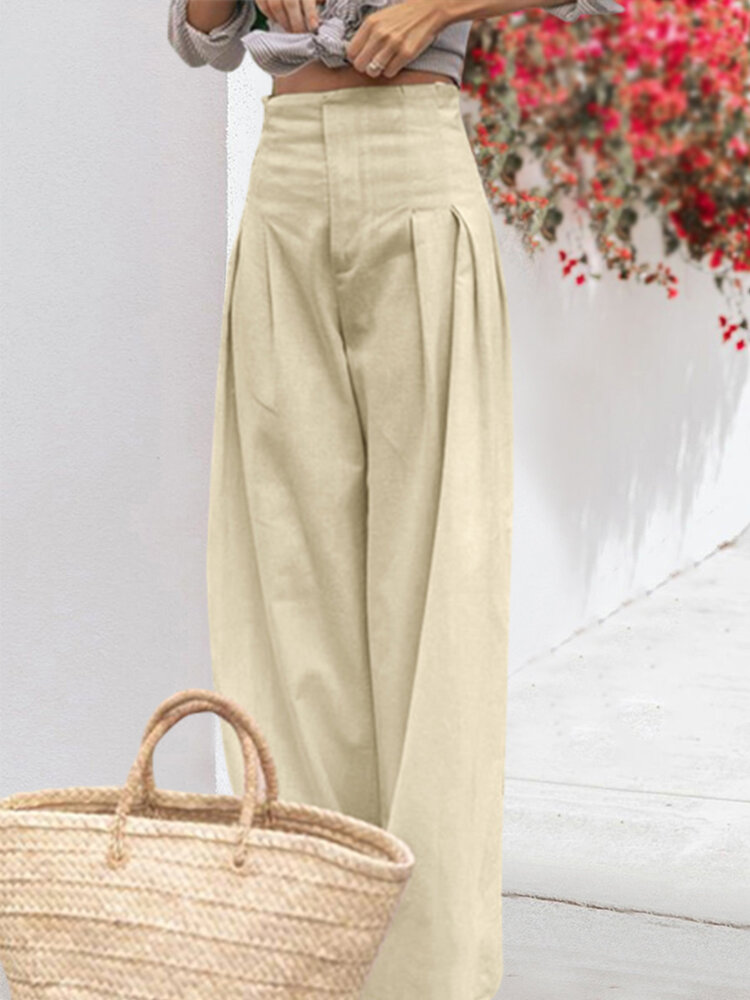 Women High Waist Solid Color Loose Pleated Casual Wide Leg Pants, Celmia  - buy with discount