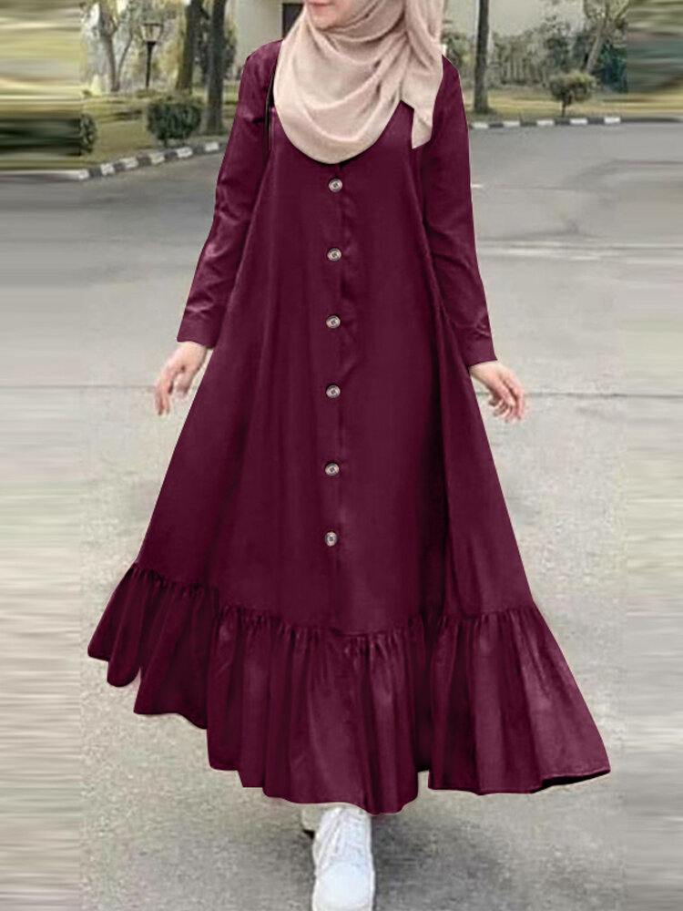 Vestido maxi feminino solto de algodão cor sólida manga comprida folgado