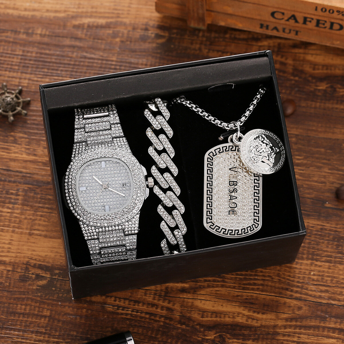 3 stuks heren horloge set ingelegd diamant stalen band quartz horloge ketting armband sieraden cadea