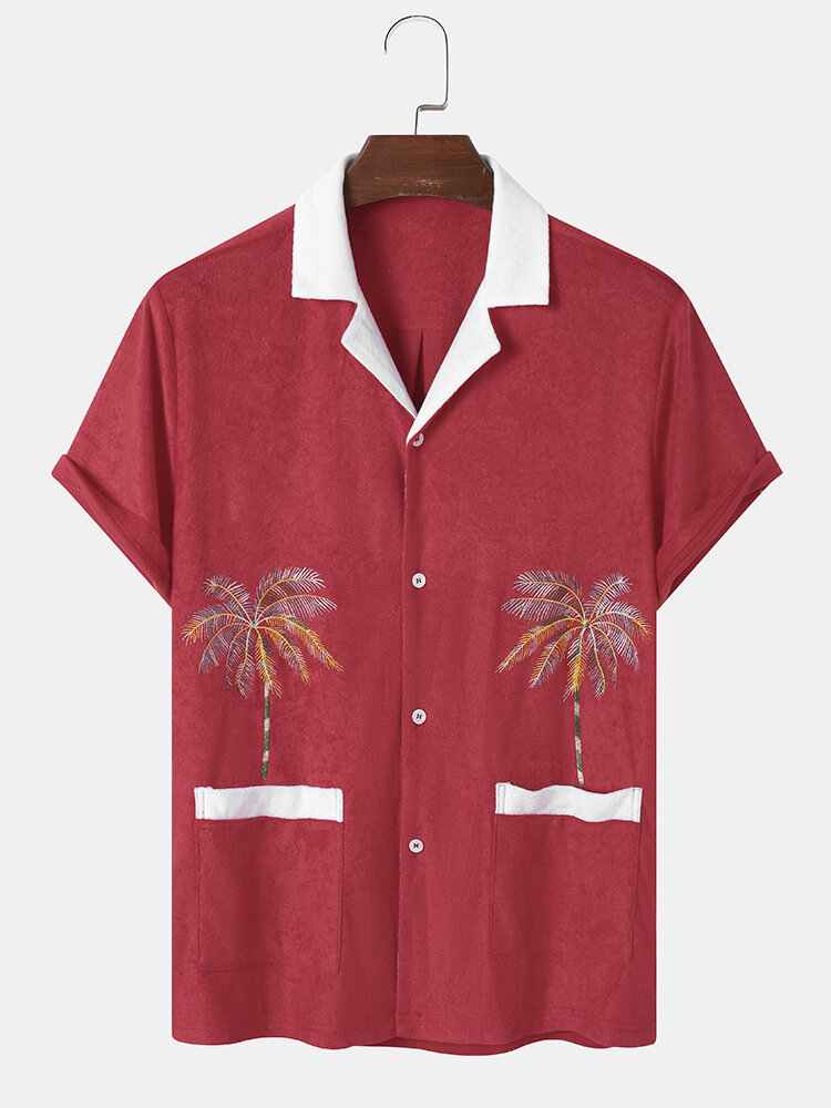 Men Towel Coconut Tree Print Double PocketsRevere Collar Holiday Shirts