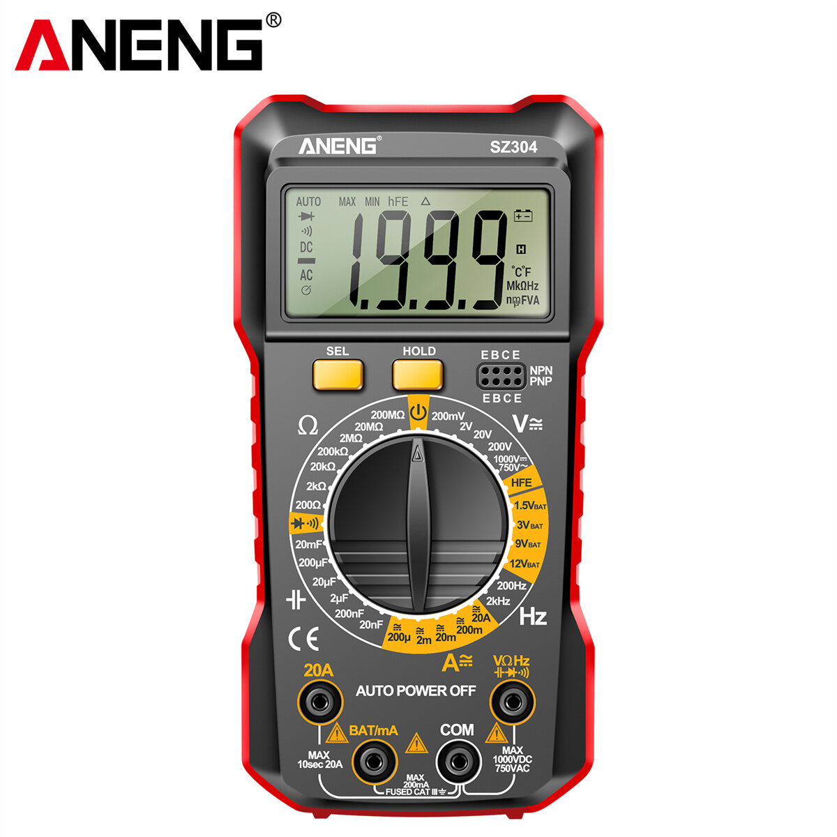 

Цифровой мультиметр ANENG SZ304, прочный корпус ABS, точное измерение напряжения, тока, сопротивления, емкости, частоты