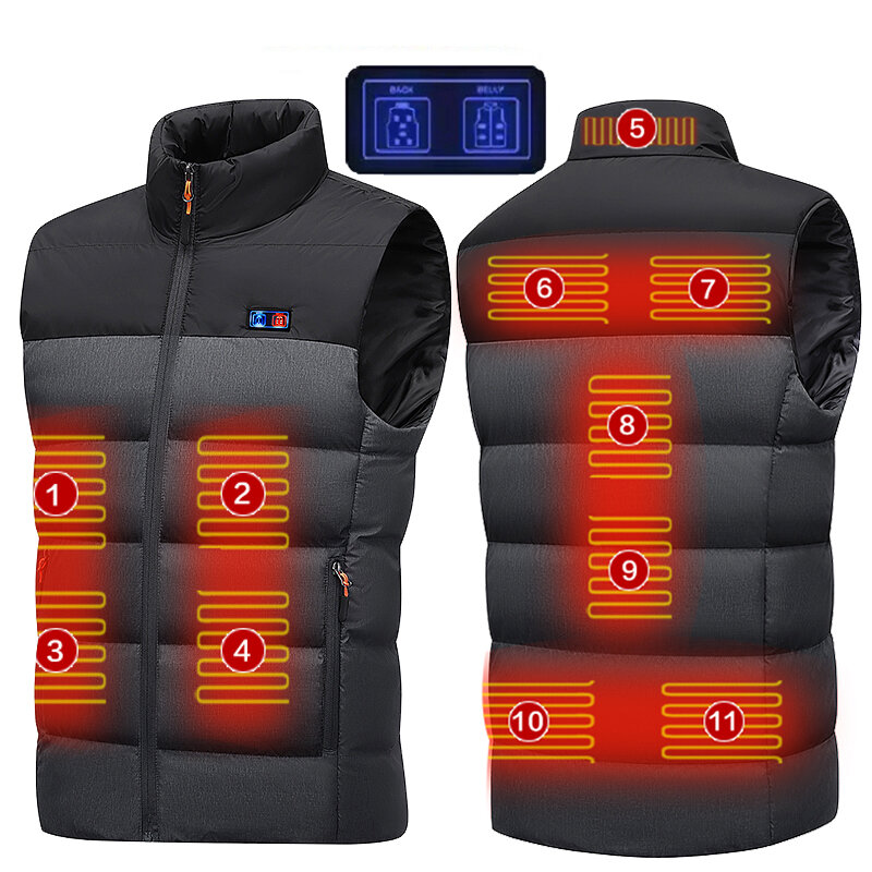 TENGOO HV-11 Fűtött mellény 11 Fűtési terület Men Jacket Heated Winter Womens Electric Usb Heater Tactical Jacket Man Thermal Vest Body Warmer Coat