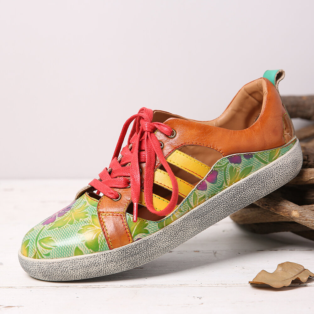 

SOCOFY Retro Leather Printing Pattern Cutout Splicing Lace Up Sneakers