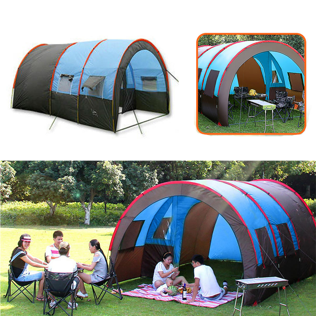 خيمة تخييم خارجية لـ 8-10 أشخاص ، مقاومة للماء ذات طبقتين ، خيمة عائلية كبيرة مع قمارة حماية من الشمس