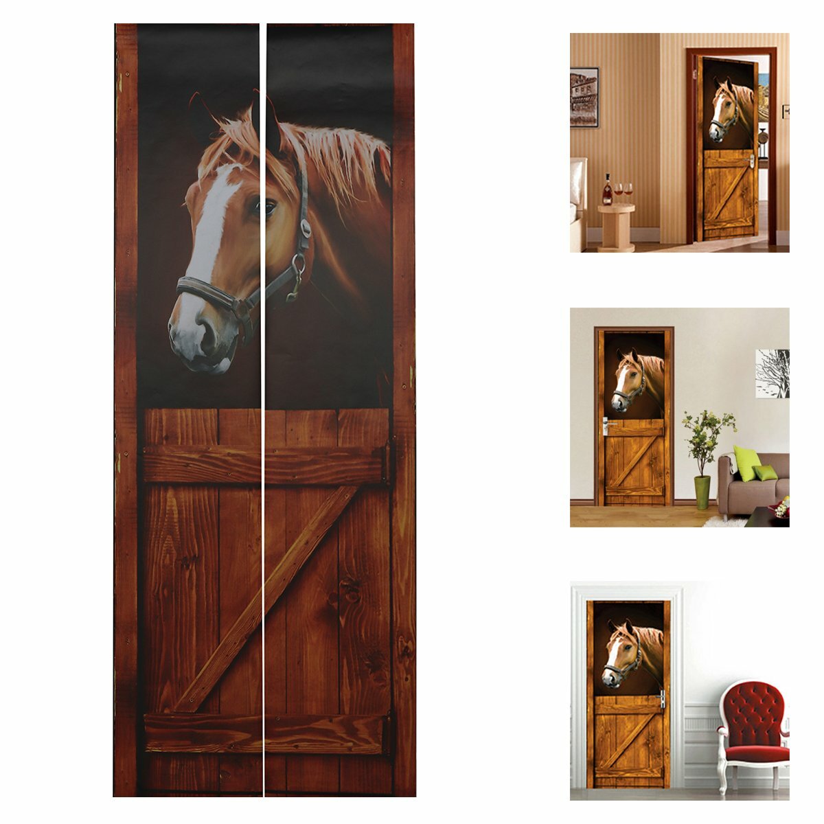 Zelfklevende Muurstickers 3D Paardendeur Muursticker Wrap Woondecoratie 77x200cm
