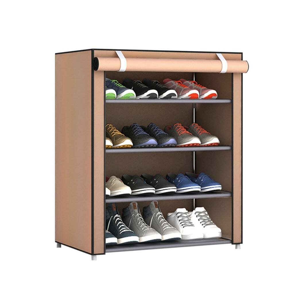 4 Tiers Cloth Shoe Storage Cabinet Folding Fabric Shoes Rack Organizer Dust-proof Simple Shoe Storage Shelf with Zipper