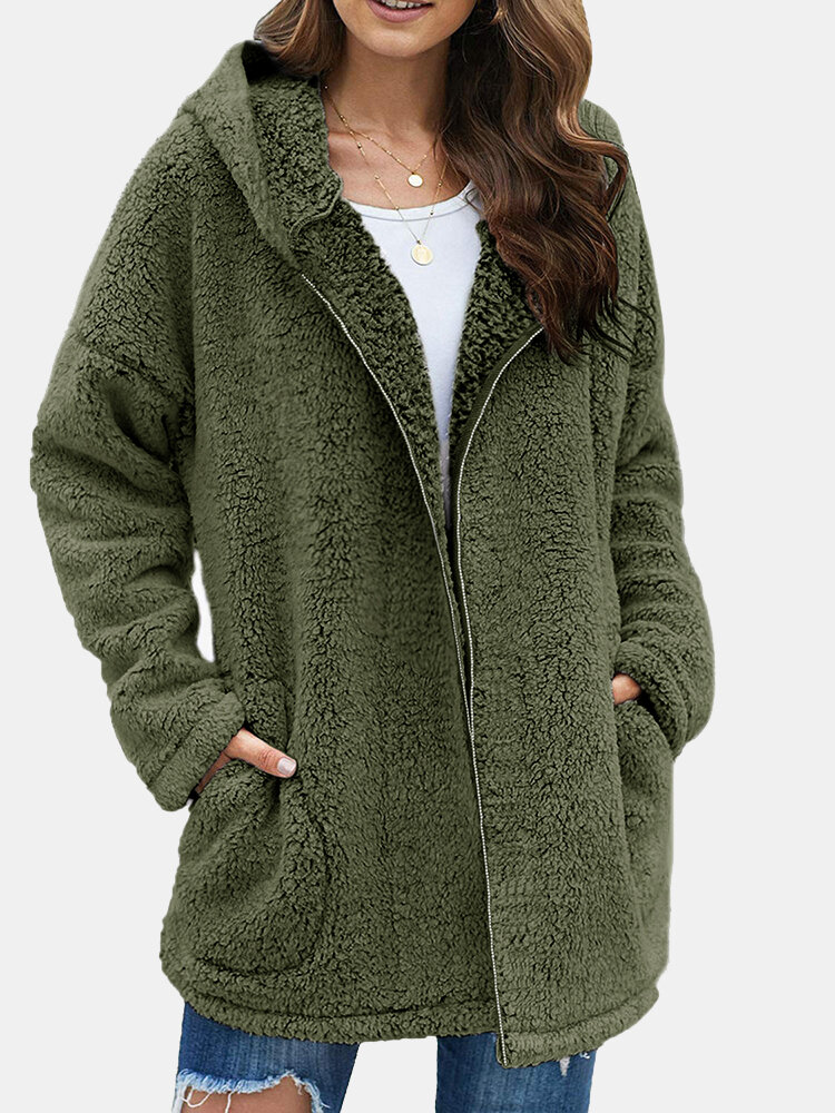 Women Fluffy Solid Full Zipper Hood Side Pocket Long Sleeve Warm Casual Hooded Sweatshirts