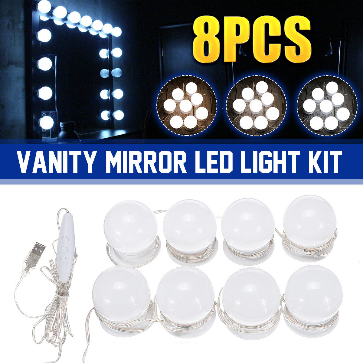 

Dimmable Mirror Light Kit USB 8 LED Bulbs Vanity Makeup Dressing Table Hollywood Style