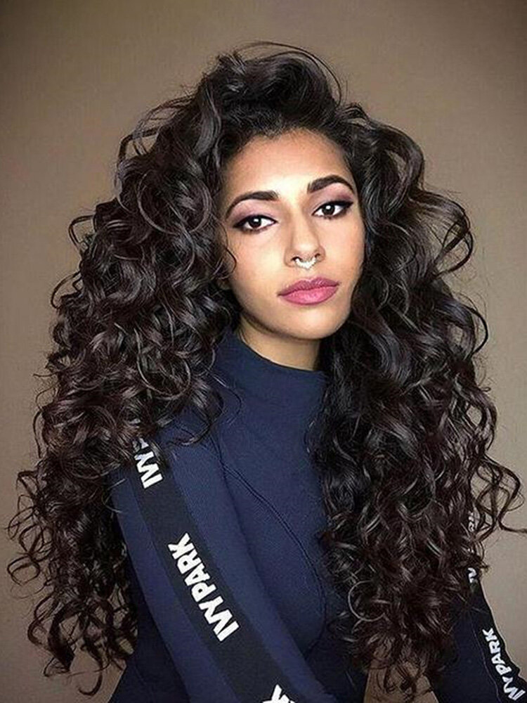 Natural Black Long Curly Hair Fluffy Afro Small Curly High Temperature Fiber Wigs