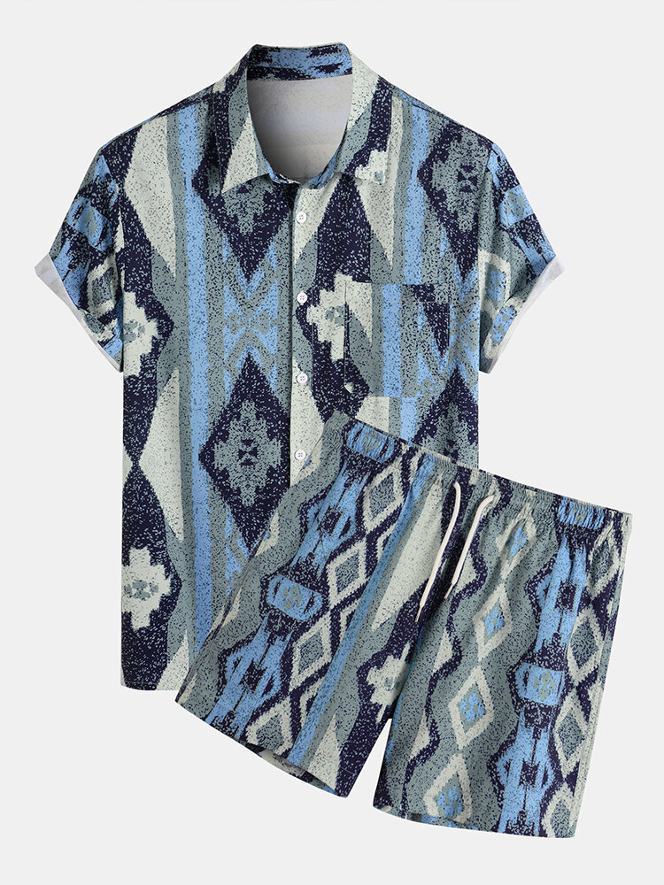 

Mens Casual Geometry Print Shirts & Drawstring Shorts Co-ords