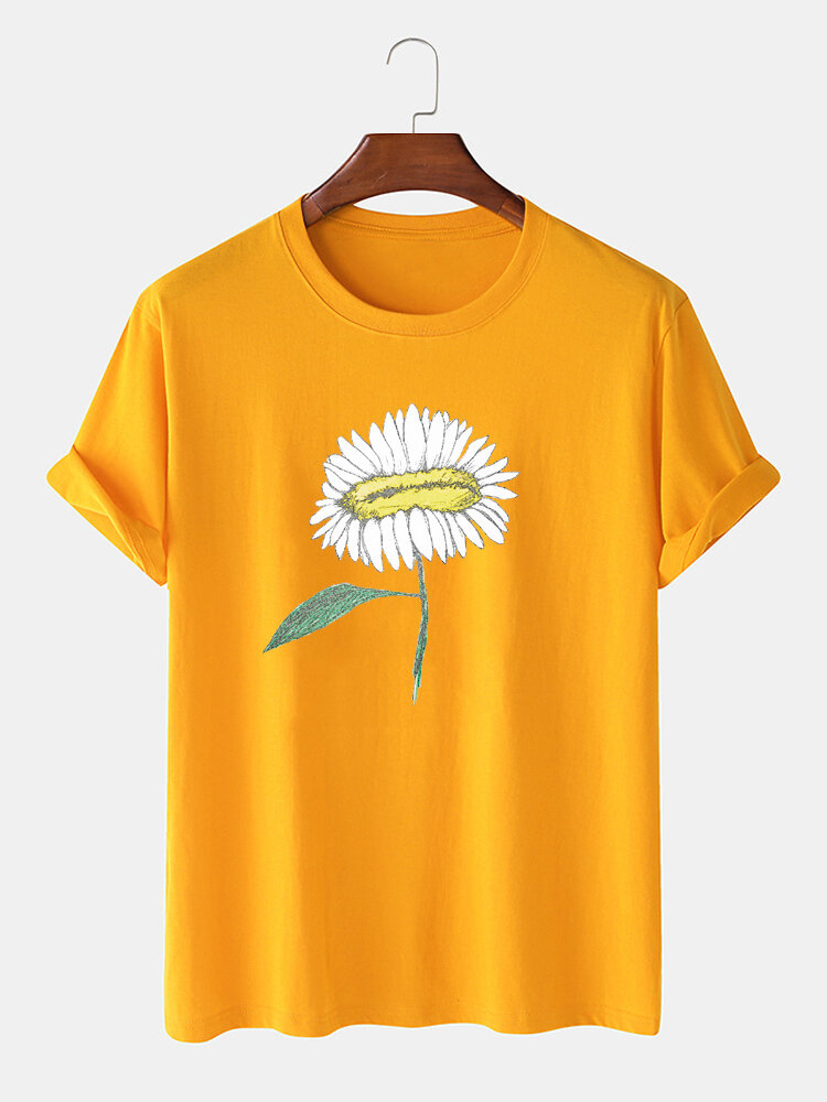 Heren handgeschilderde bloemenprint 100% katoen O-hals korte mouw T-shirt