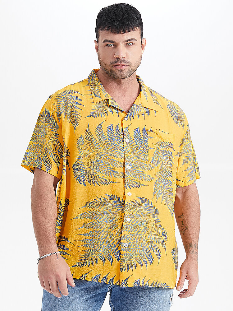 

Plus Size Mens Tropical Leaves Print Revere Collar Short Sleeve Shirts