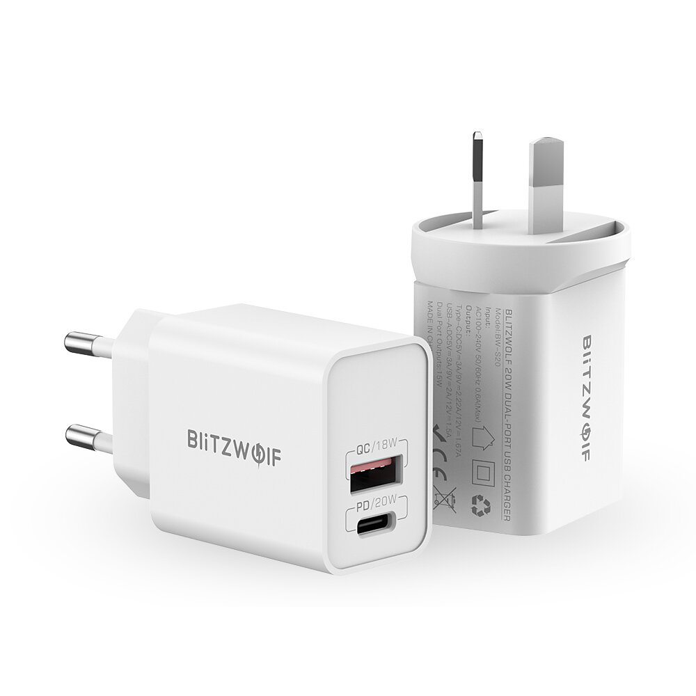 

BlitzWolf® BW-S20 20W 2-Port PD3.0 QC3.0 Wall Charger Support FCP AFC Fast Charging EU AU Plug Adapter for iPhone 13 13
