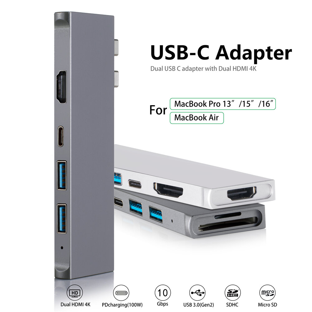 

Bakeey 7 In 2 USB Type-C Hub Docking Station Adapter With Dual 4K HDMI Display / 100W USB-C PD3.0 Power Delivery / 2*USB