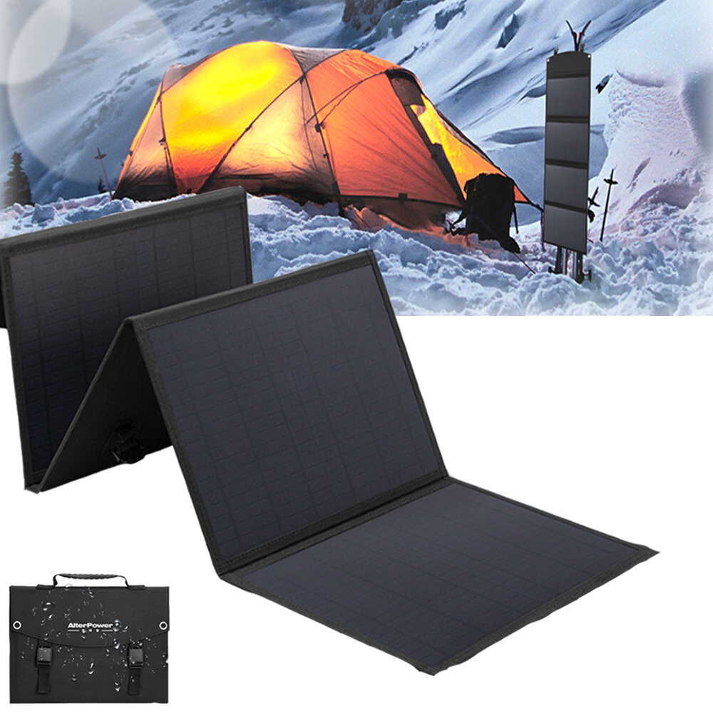 ainéis solares AlterPower de 40W, 2 USB + DC, dobráveis, à prova d'água, de silício monocristalino, com banco de energia e carregador solar para camping e viagens.