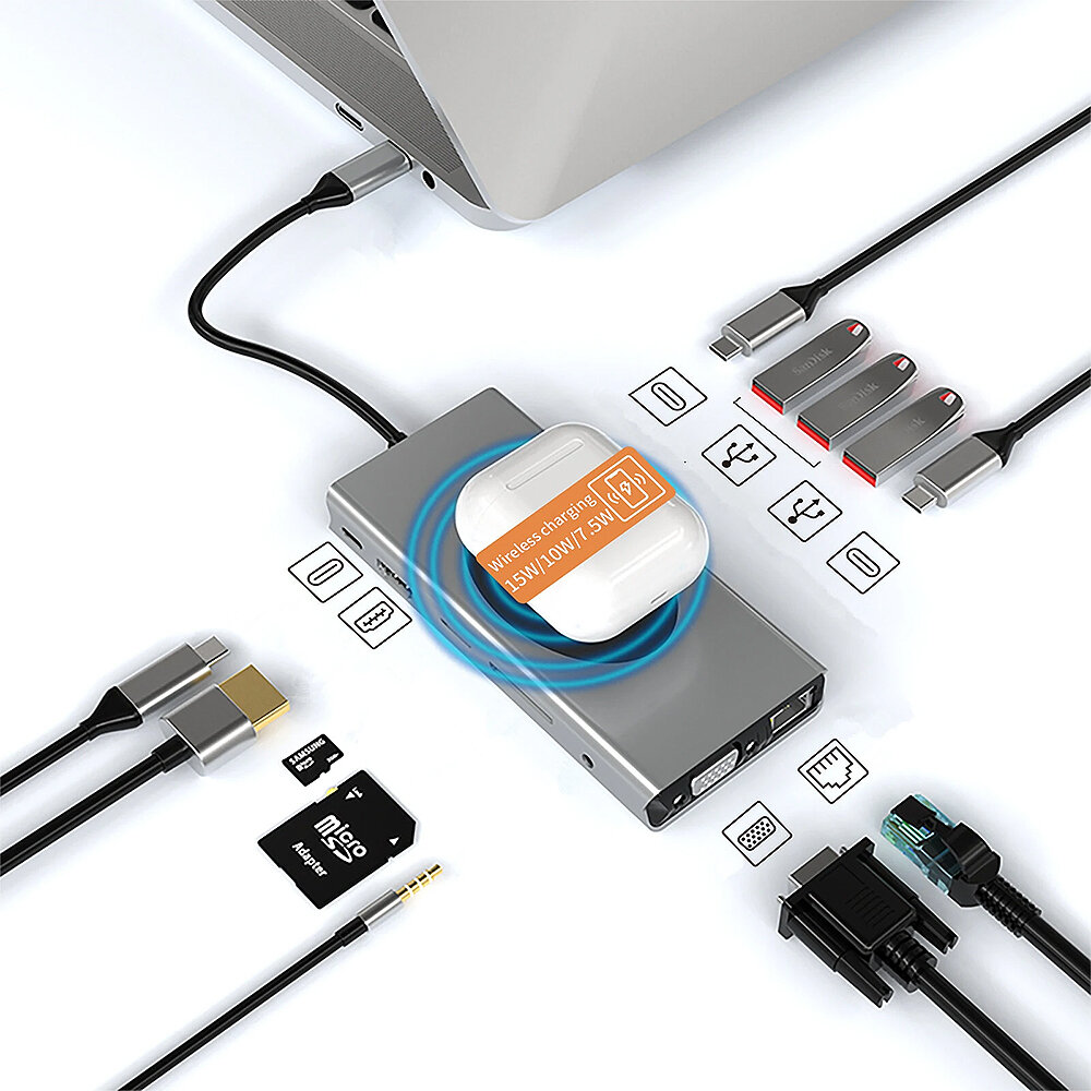 

Basix 13-in-1 Тип-С Док-станция Адаптер-разветвитель концентратора USB-C с USB2.0 USB3.0 USB-C 2.0 3.0 100 Вт Тип-С PD 4