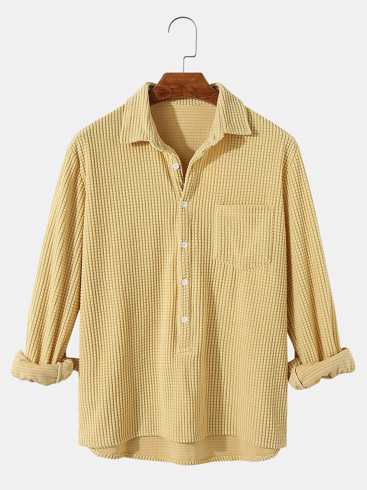 

Banggood Design Mens Corduroy Solid High Low Hem Long Sleeve Henley Shirts