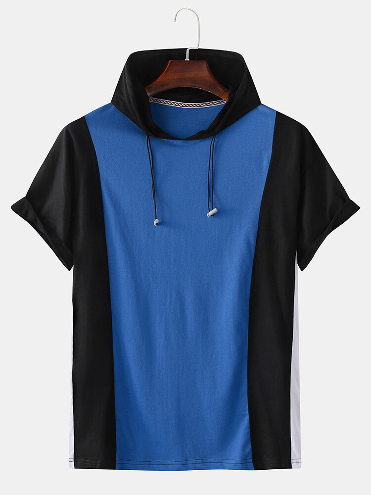 Image of Herren Casual Cotton Hooded Color Block Einfarbige Kurzarm-Sport-T-Shirts