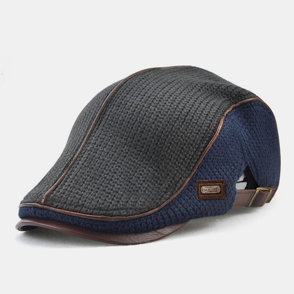 Banggood Design Men Knit Leather Patchwork Color Casual Personality Forward Hat Beret Hat