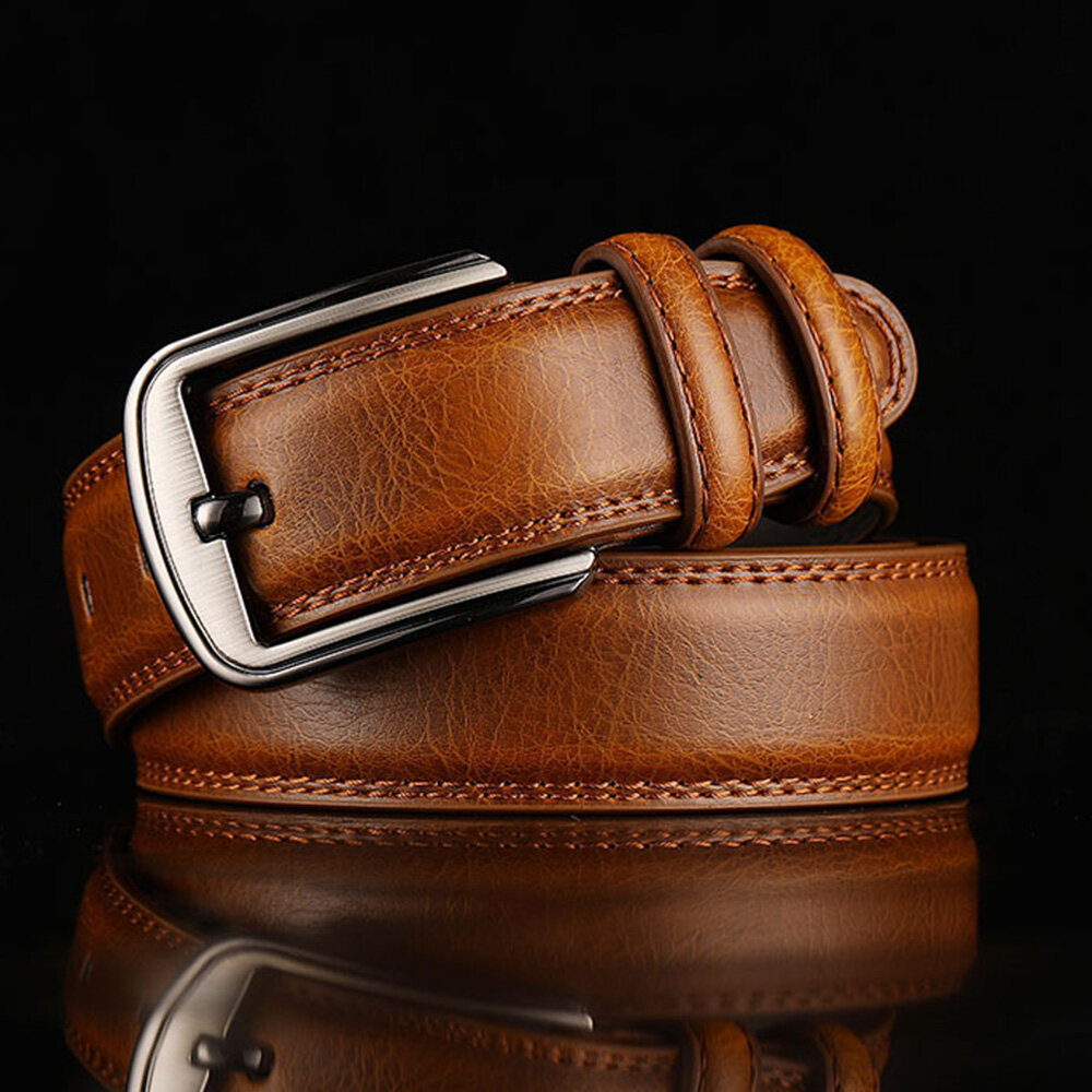 Men Two Layer Cowhide Solid Color Alloy Pin Buckle Casual Business Belt
