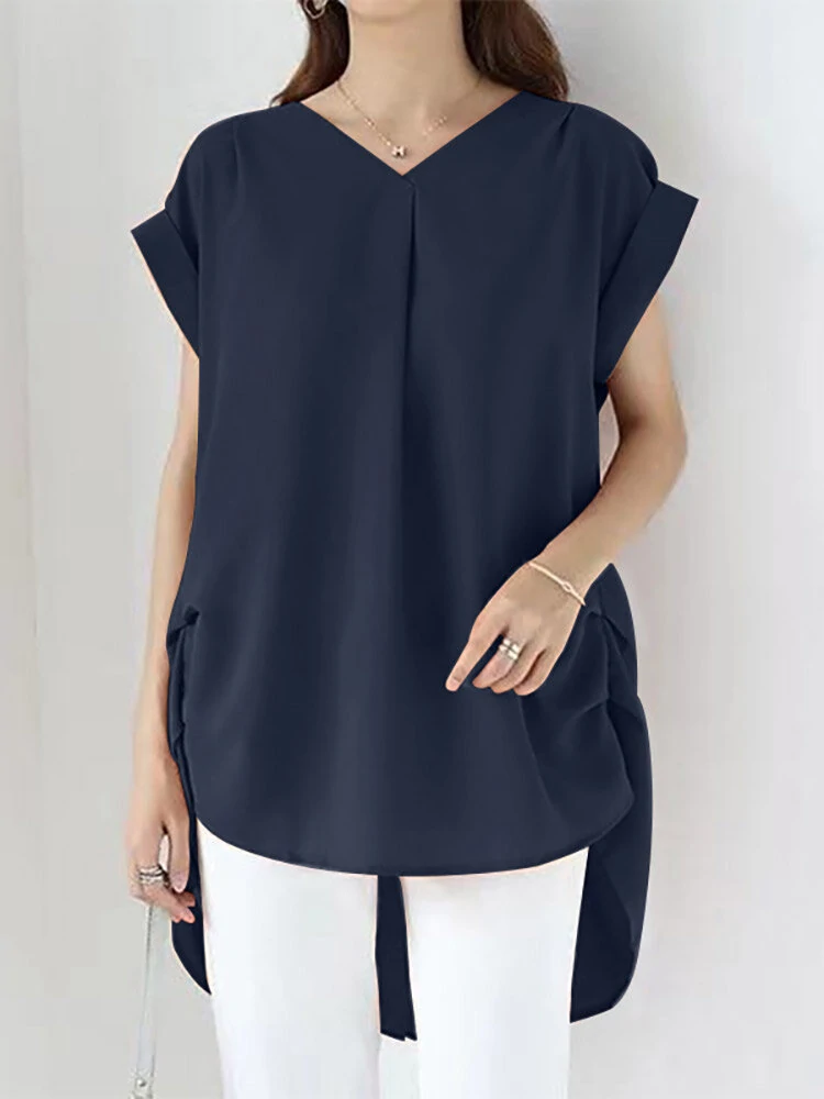 Solid ruched short sleeve v neck casual blouse